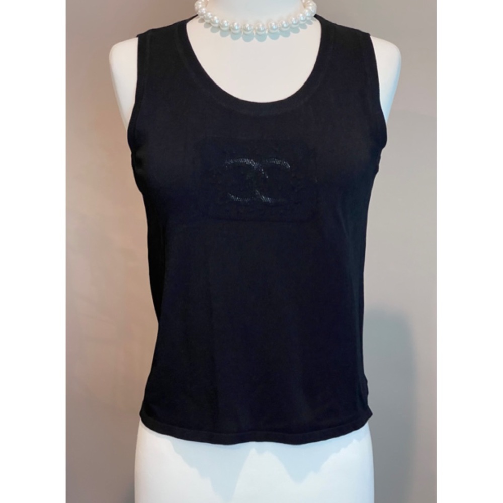 ✨Vintage CHANEL 2004 Collection CC Logo Black Knit Cotton Vest Sweater Top Shirt